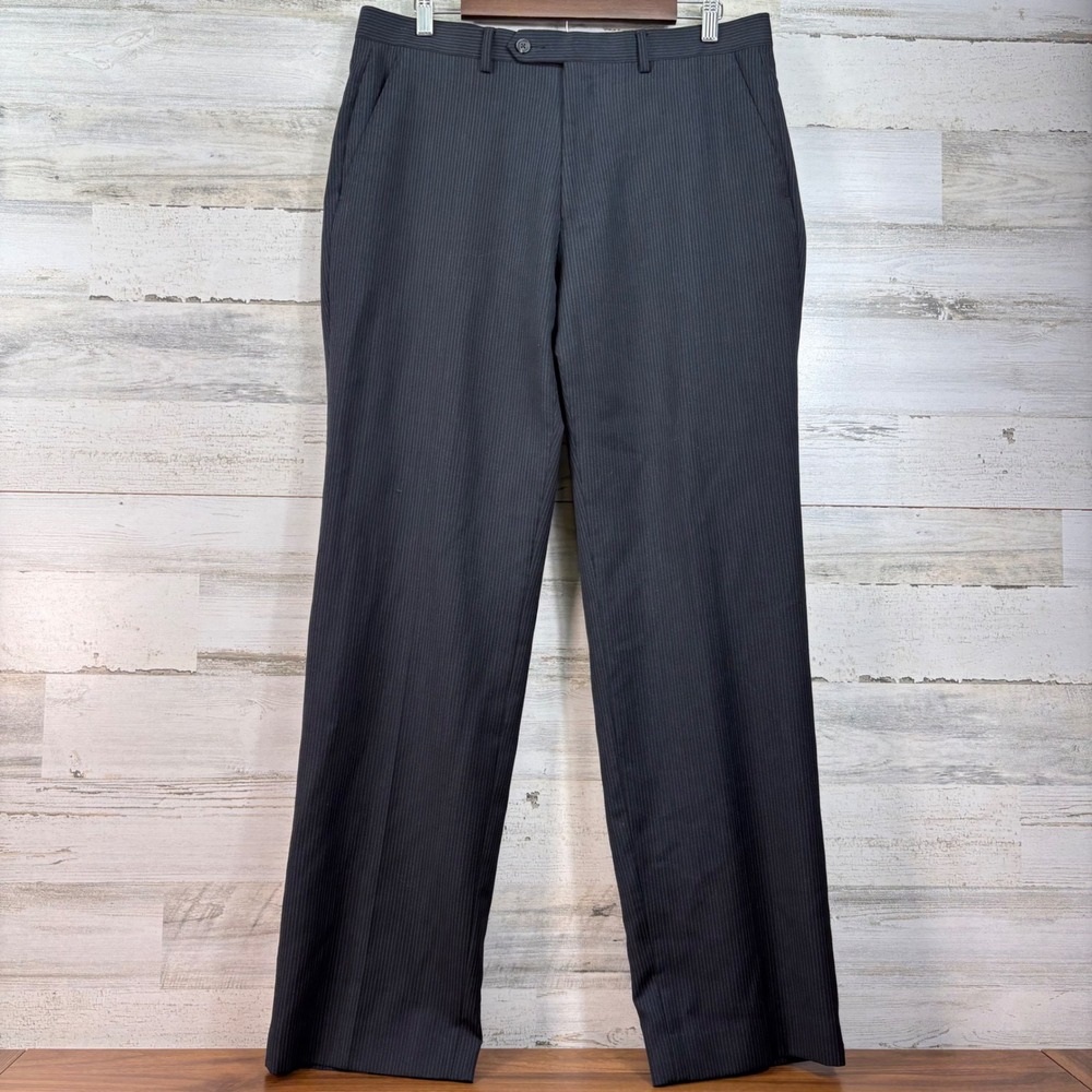 Chaps Mens Charcoal Grey Pinstripe Wool Blend Dress Pants 34W x 32L Flat Front